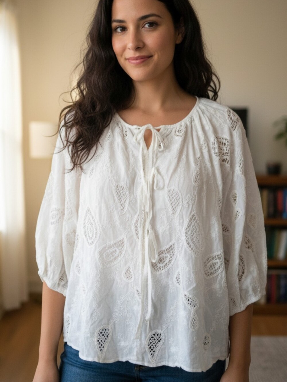 Adiva White Eyelet Tie-Front Peasant Tunic